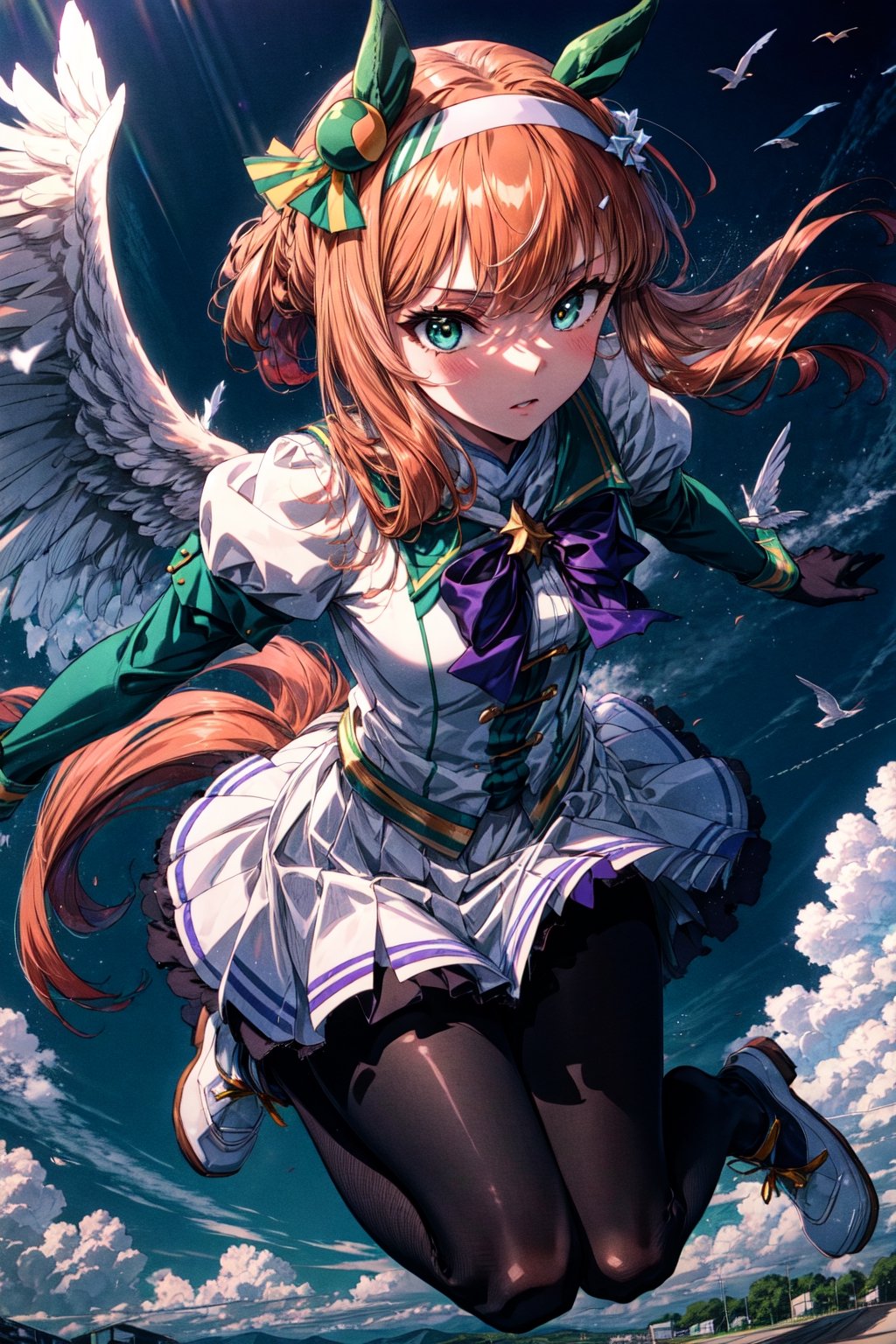 masterpiece,realistic, ,1girl,silence suzuka (umamusume),silence suzuka(Racing),horse girl,horse ears,horse tail,orange hair,green eyes,long hair,hairband,black gloves,black bowtie,layered sleeves,purple pantyhose,asymmetrical footwear,solo,angel wings, ((flying)), blue sky, too many birds, ((white wings)),aasuzuka