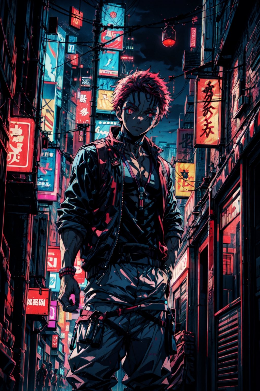 masterpiece,best quality,high quality,digital illustration,super detailed,vibrant colors,akaza,neon lights,looking at viewer,cyberpunk city background,detailed background,neon aesthetics,perfect lighting,