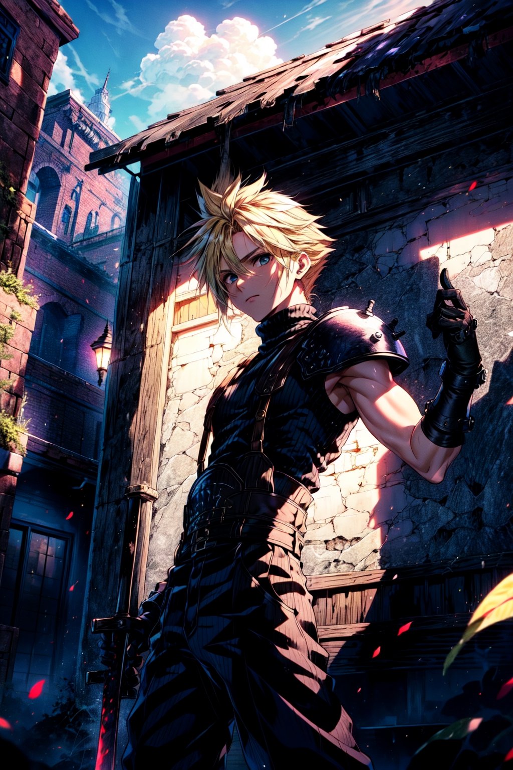 ((masterpiece,best quality)),,cloud strife,shoulder armor,sleeveless turtleneck,suspenders,belt,gloves,bracer,baggy pants,tavern,looking at viewer,(looking cool),final fantasy vii remake,detailed background,perfect lighting,stone,metal buildings,sands,weapon great sword, 