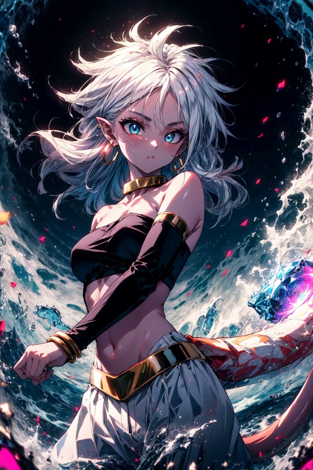 Aura, energy, glowing,swirling energy, dynamic pose, masterpiece, best quality, highres, bbandro, white hair, long hair, messy hair, pointy ears, hoop earrings, blue eyes, pink skin, tail, medium breasts, bare shoulders, strapless, detached sleeves, bracelet, midriff, harem pants, white pants, dragon ball, , standing, cowboy shot