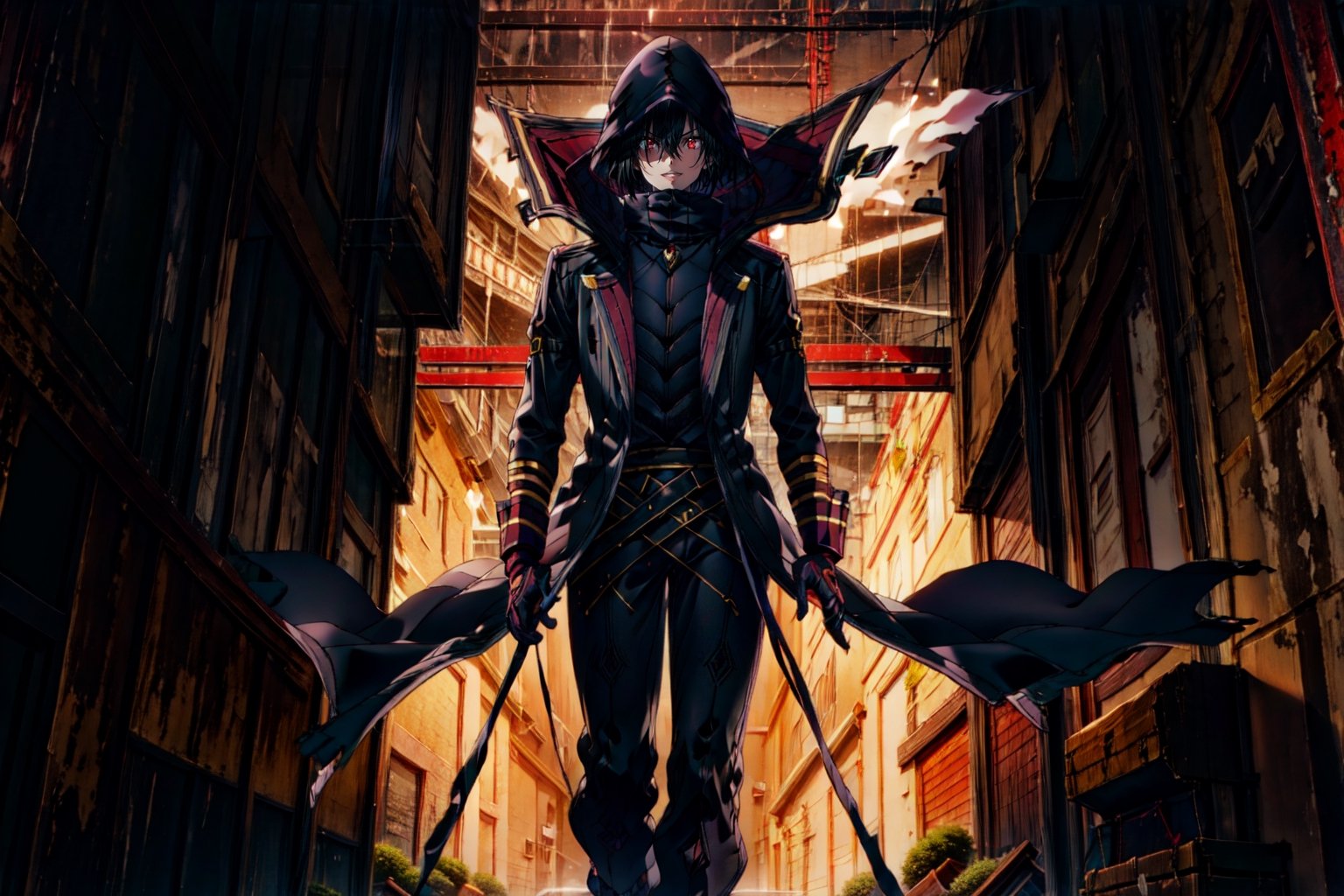 (masterpiece,best quality, high resolution:1.2),dark dynamic lighting, , ChopioKagenou walking towards, menacing, centered, short hair, black hair, hair between eyes, hooded cloak, black coat, trench coat, black gloves, black pants, red eyes, glowing eyes, evil grin, parted lips, open mouth, detailed face, (solo:1.2),