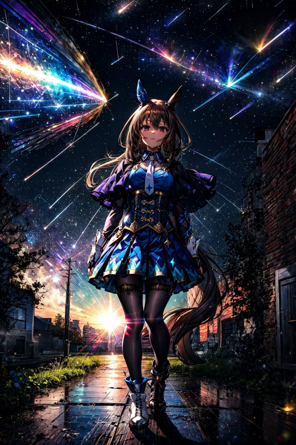 masterpiece, best quality, close up, face shot, upper body, look up sky, starly sky, shooting star, night, ground shot, admire vega \(umamusume\), white necktie, skirt, long sleeves, white footwear, thigh strap, black pantyhose, boots, shirt, puffy sleeves, pleated skirt, buttons, corset, capelet, fingerless gloves, black gloves, mismatched footwear