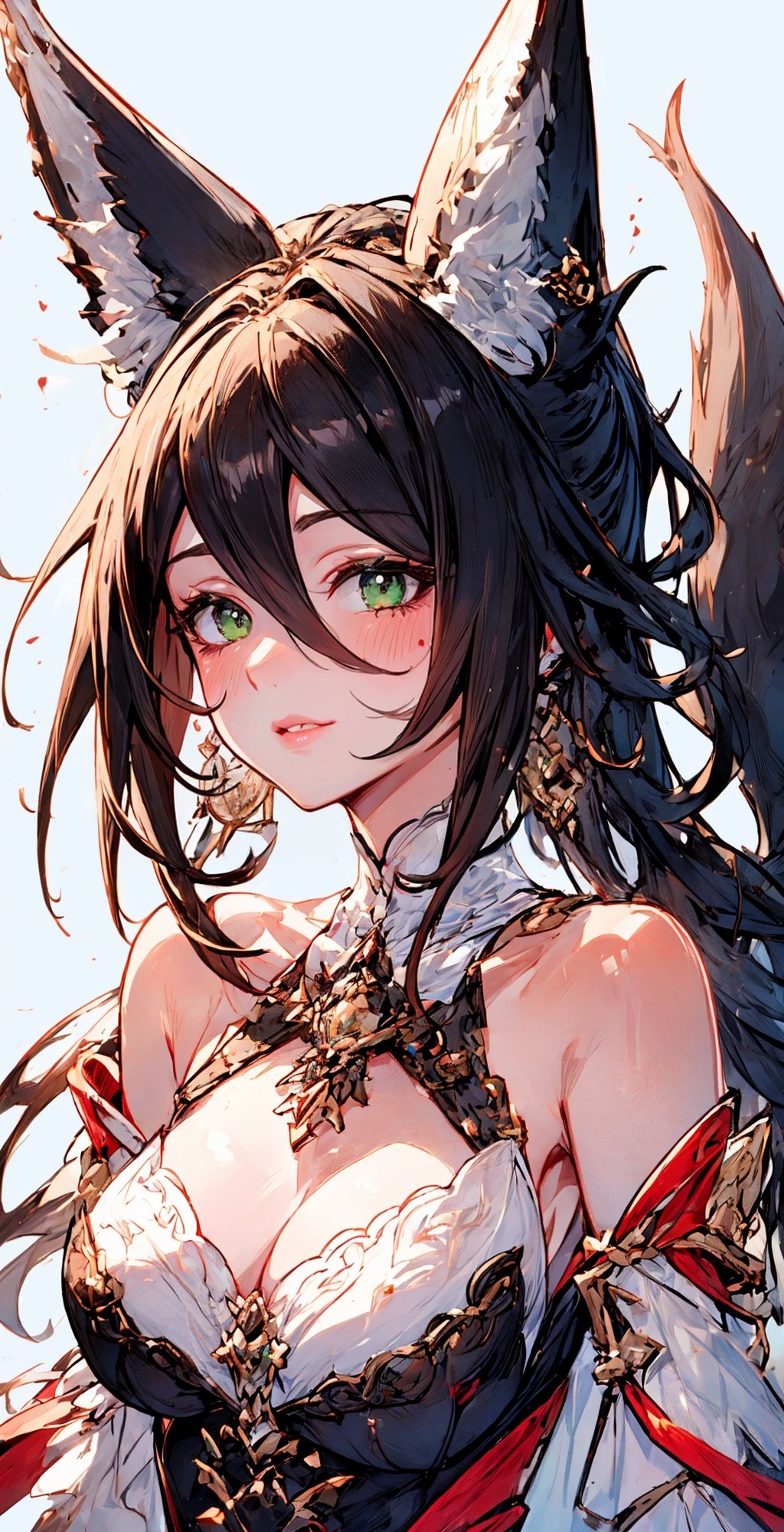 tingyun(hsr), green eyes, upper body, fox tail, looking at viewer, hair between eyes, jewelry, earrings, black hair, simple background, red ribbon, bare shoulders, medium breasts, long hair, animal ear fluff, solo, detached sleeves, 1girl, dress, ponytail, animal ears, smile, closed mouth, white background