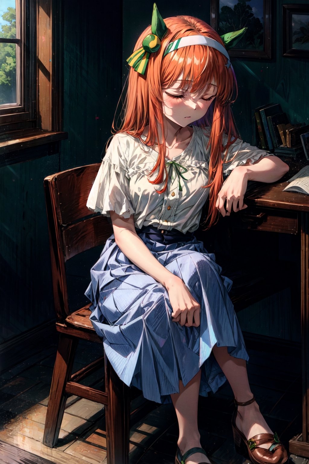 masterpiece,realistic, ,1girl,silence suzuka (umamusume),silence suzuka(Mufti),horse girl,horse ears,horse tail,orange hair,green eyes,long hair,hairband,ear_covers,white shirt,short sleeves,green_ribbon,blue skirt,brown footwear,solo,sitting on desk, sleepy, closed eyes,