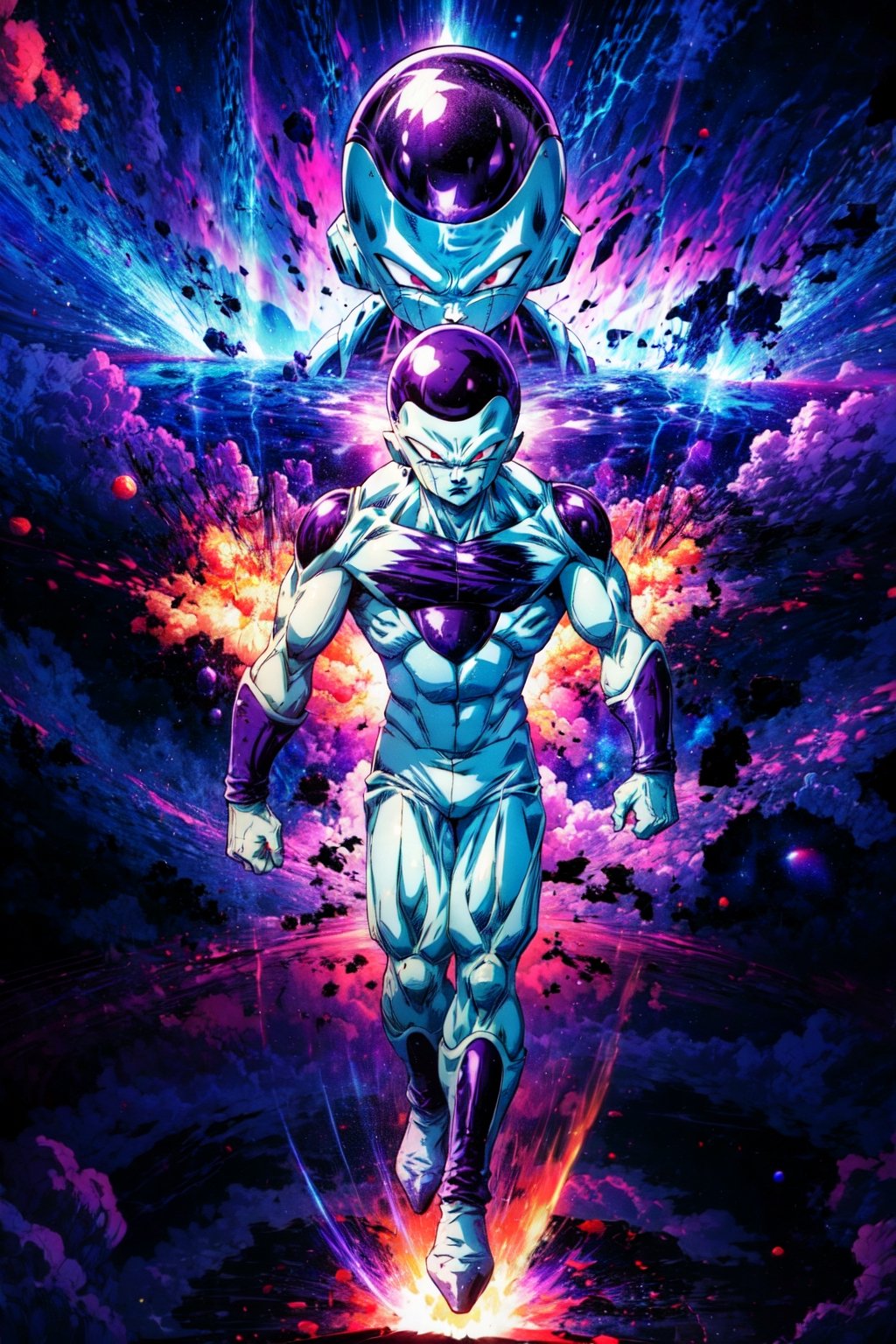 Frieza,full body, high quality, hires, plasma beam, large explosion,purple space aesthetic,CLOUD