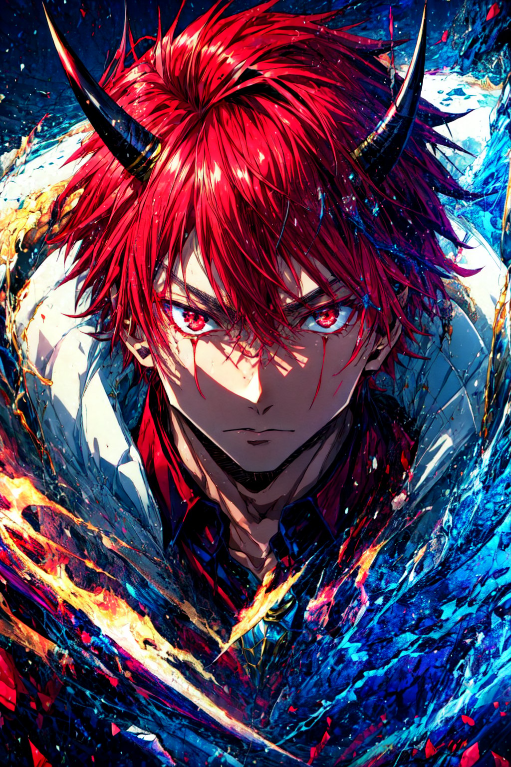 benislime, red eyes, male focus, red hair, horns, 1boy, cape