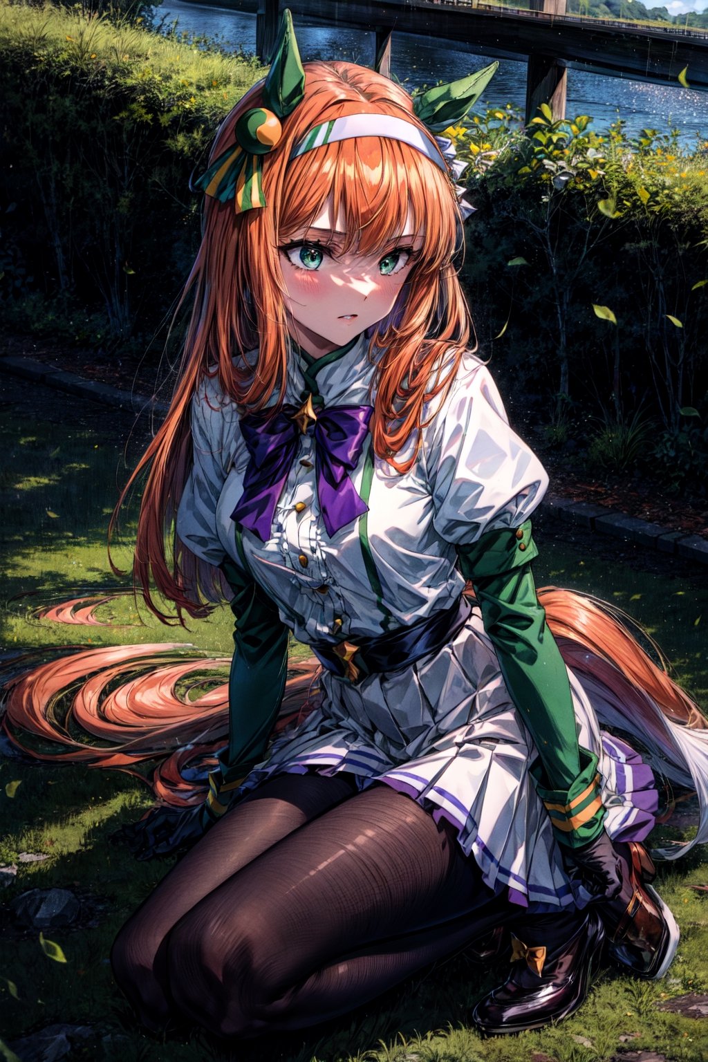 masterpiece,realistic, ,1girl,silence suzuka (umamusume),silence suzuka(Racing),horse girl,horse ears,horse tail,orange hair,green eyes,long hair,ear covers,hairband,black gloves,black bowtie,layered sleeves,purple pantyhose,asymmetrical footwear,solo,on grass, outdoors,