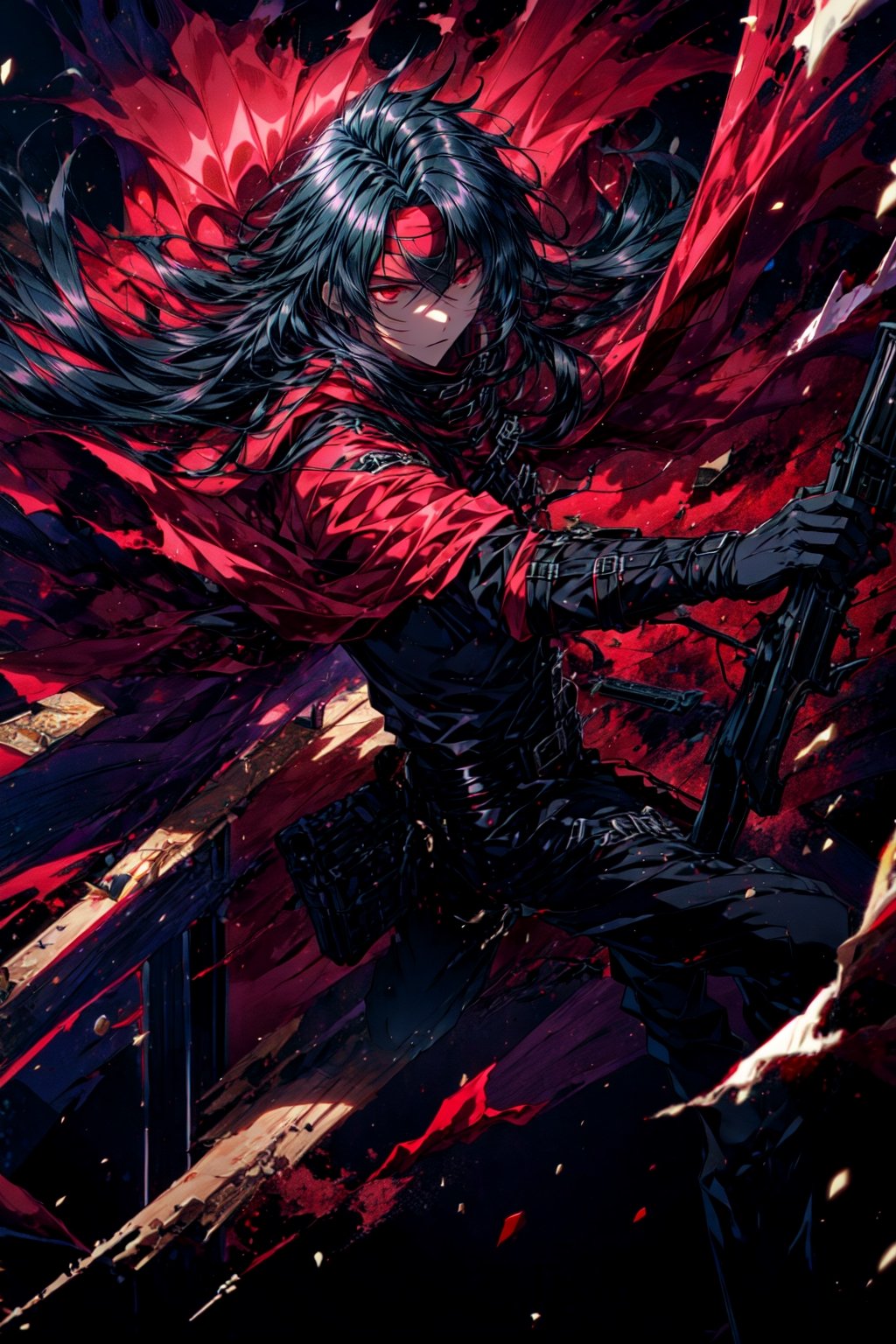 absurdres, ultra detailed, 1boy, , long black hair, red eyes, red cloak, red headband, holding weapon, revolver, torn cloth