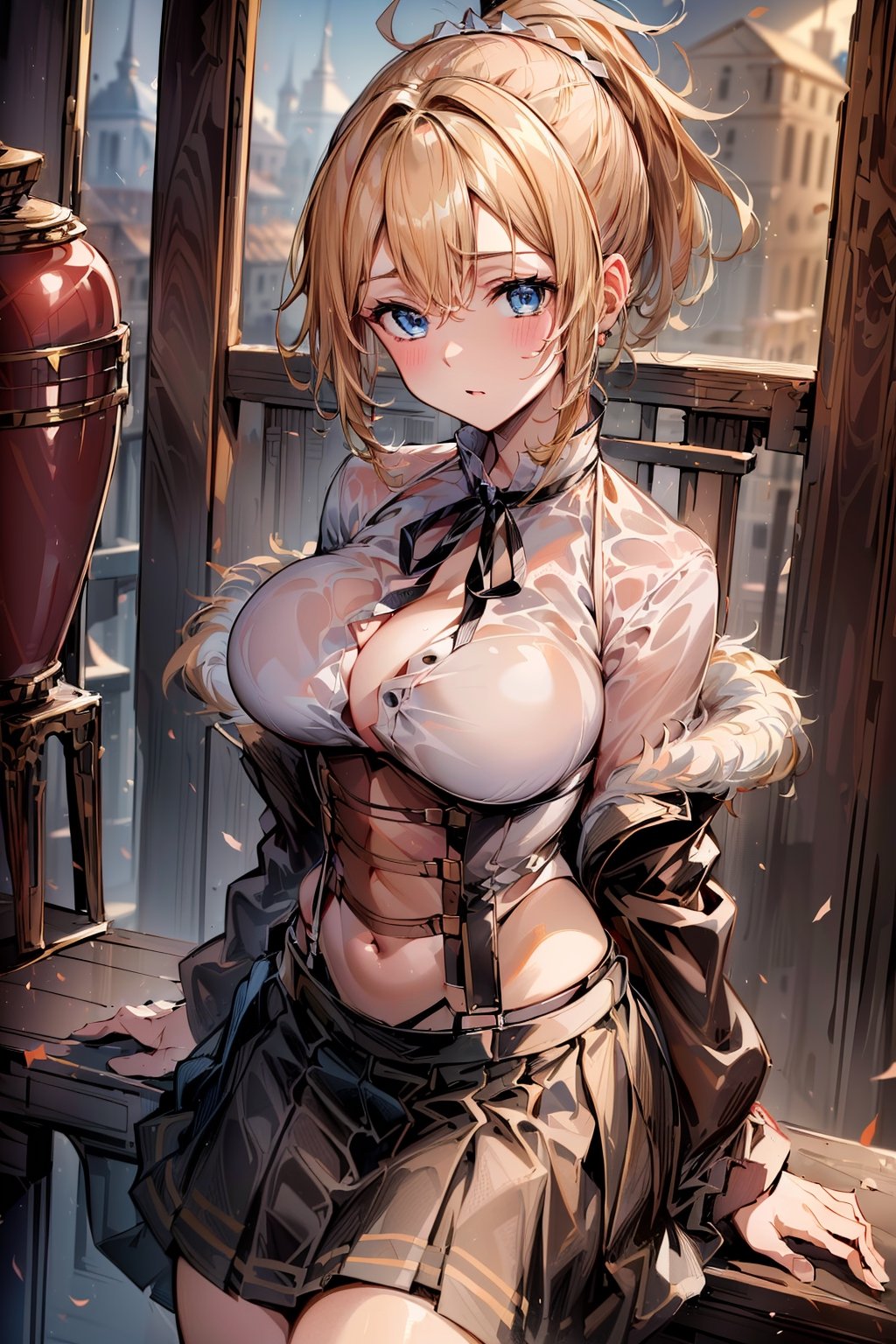 (masterpiece:1.4),(best quality:1.4),(absurdres:1.4),pin-up, , Zenith_aiwaifu,blonde hair,ponytail,blue eyes,short hair,large breasts,bangs,parted bangs,skirt,ribbon,shirt,long sleeves,neck ribbon,fur trim,black ribbon,corset,red shirt,suspenders,collared shirt,dress,long skirt,pleated skirt,suspender skirt, (absurdres, highres, incredibly_absurdres:1.4),scenery,masterpiece,