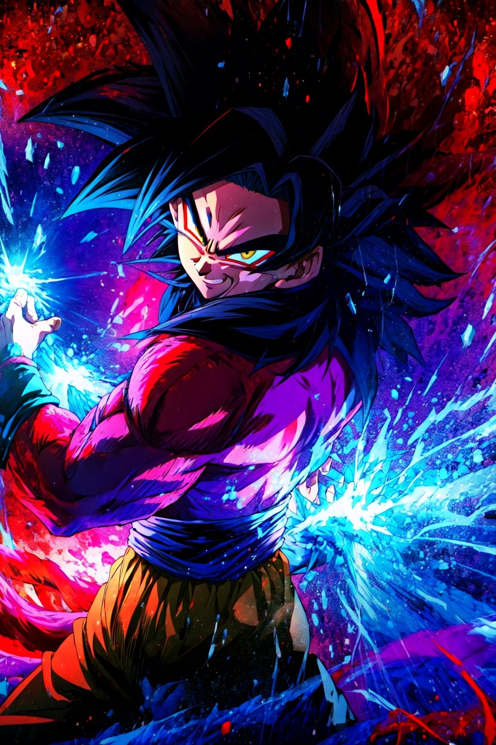 , redice, red theme, (red glow,:1.1) , big ice crystals, ,((masterpiece,best quality)), absurdres, energy, aura, electricity, , Super_Saiyan_4_Goku, 1boy, male focus, super saiyan, tail, wristband, pants, red fur, black hair, solo, smiling, looking at viewer, cowboy shot,