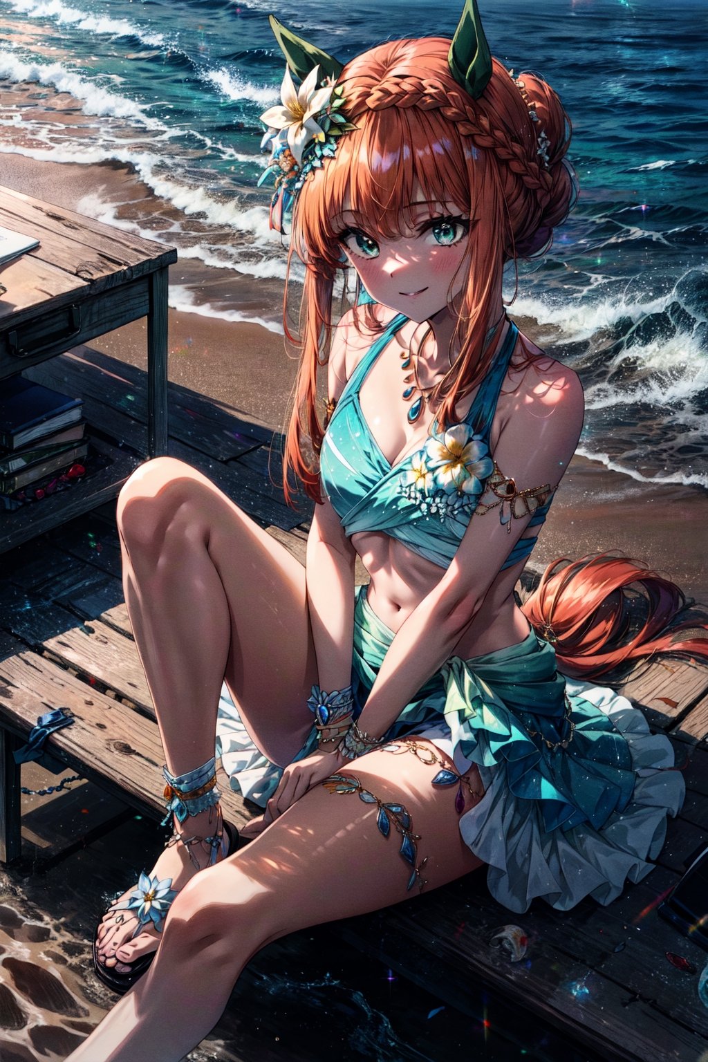 masterpiece,realistic, ,1girl,silence suzuka (umamusume),silence suzuka(Swimsuit),horse girl,horse ears,horse tail,orange hair,green eyes,hair flower,hair_bun,crown_braid,sidelocks,necklace,swimsuit,aqua_bikini,bracelet,armlet,sarong,midriff,sandals,anklet,jewelry,solo,beach, sun hat, shell,sitting on desk, smile,