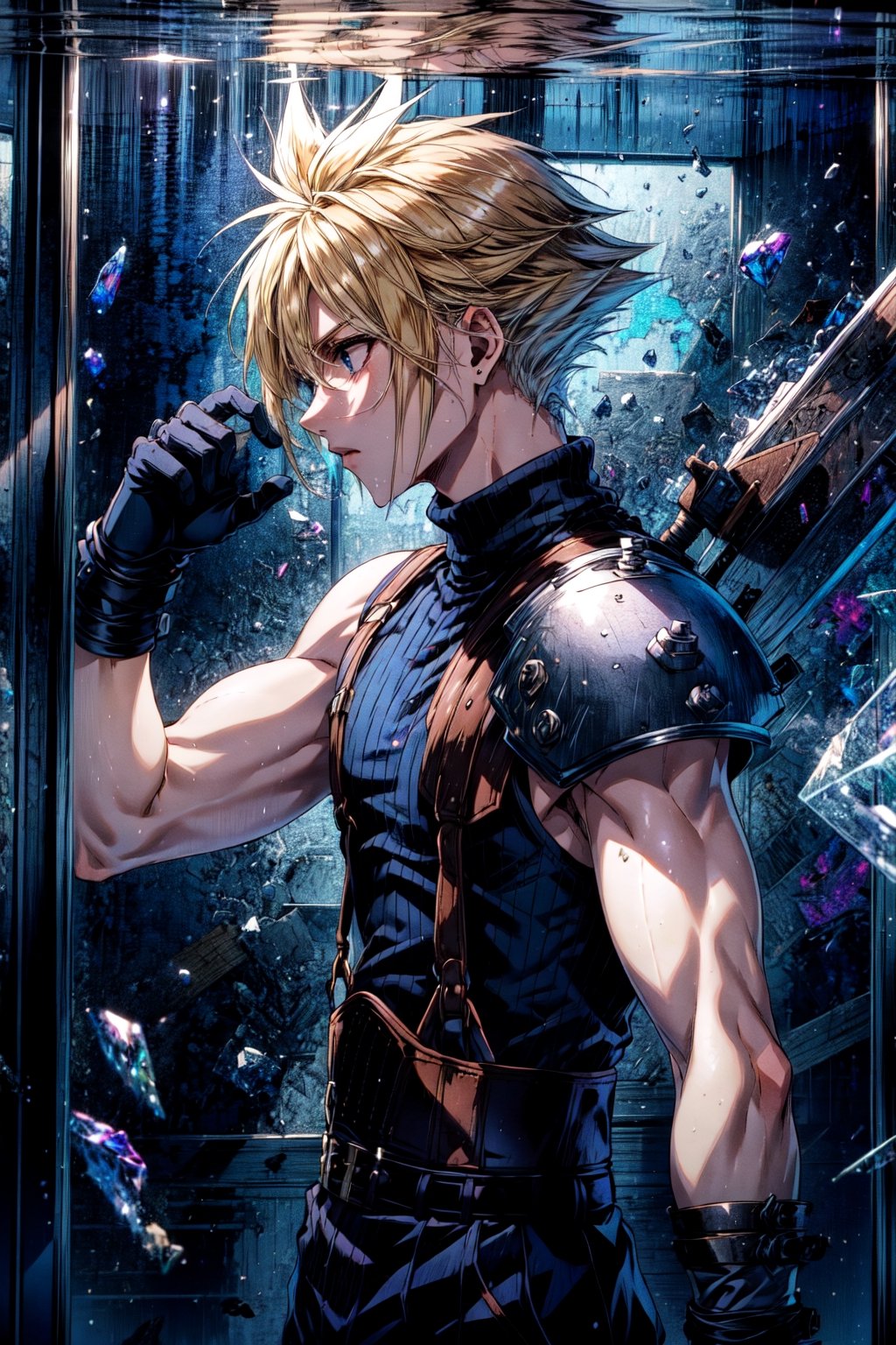 High Quality, Masterpiece, IncrsBrknGls, broken glass, reflection, , cloud strife, shoulder armor, sleeveless turtleneck, suspenders, belt, gloves, bracer, , solo, 1boy, from side,