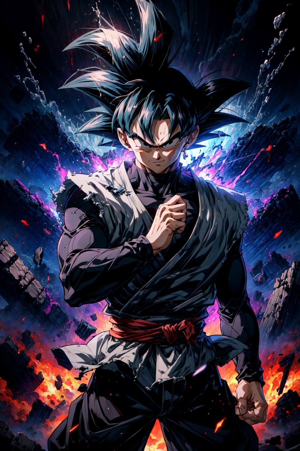 ((masterpiece, best quality)),(complex light),absurdres, highres, 1boy,solo,fighting stance, goku black,black hair,black eyes,blue fire destroyed debris background,smirk,