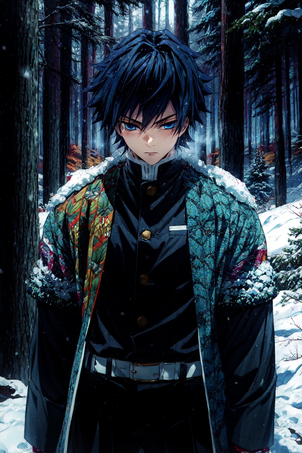 tomioka giyuu, demon slayer, 1boy, solo, upper body, winter, snow, forest, tree, nature, snowing, long hair, looking at viewer, blue eyes, black hair, long sleeves, standing, jacket, male focus, outdoors, japanese clothes, belt, black jacket, black pants, haori, white belt, demon slayer uniform