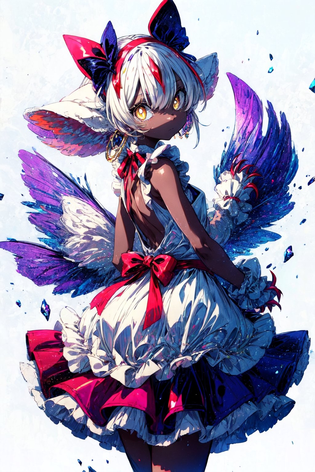 faputa looking at viewer, 4arms, curious expression, yellow eyes, ears down, white eyelashes, faputail, top arms out, fapuclaws, fapuhooves, bottom arms out, legs together, holding skirt, simple background, white background, dress, bow, closed mouth, standing, full body, hairband, frills, alternate costume, looking back, from behind, apron, from side, frilled dress, bright pupils, furry, frilled apron, purple bow, back bow, frilled hairband digital illustration,