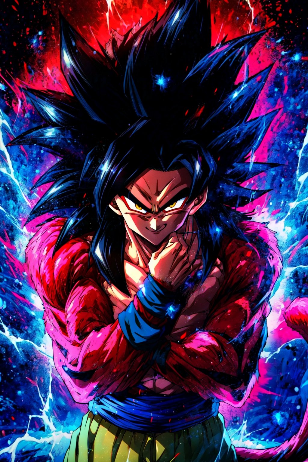 , redice, red theme, (red glow,:1.1) , big ice crystals, ,((masterpiece,best quality)), absurdres, energy, aura, electricity, , Super_Saiyan_4_Goku, 1boy, male focus, super saiyan, tail, wristband, pants, red fur, black hair, solo, smiling, looking at viewer, cowboy shot,