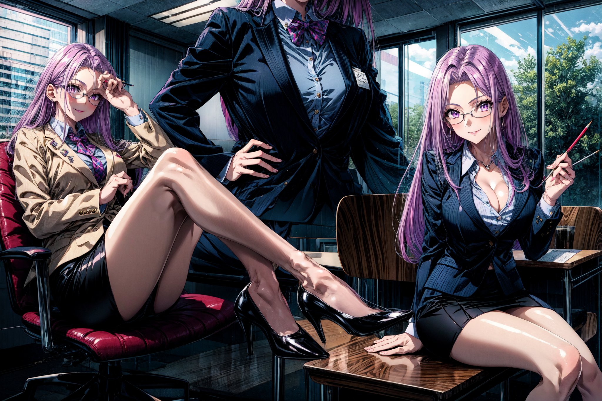 MedCas, 1girl, long hair, looking at viewer, smile, skirt, large breasts, shirt, long sleeves, holding, cleavage, sitting, purple eyes, jacket, full body, purple hair, ass, thighs, glasses, shiny, miniskirt, black footwear, high heels, legs, multiple views, formal, crossed legs, suit, pencil skirt, page number, office lady, business suit, teacher, skirt suit, pointer, multiple views,