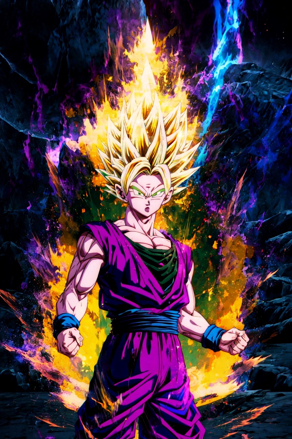 (ssj2), 1boy, yellow hair, green eyes,cowboy shot,yellow aura, electricity,naked purple dougi, purple pants, (blue wristband), red sash, sleeveless,v-neck,looking at viewer,(best quality, masterpiece),Ki Charge,midjourney