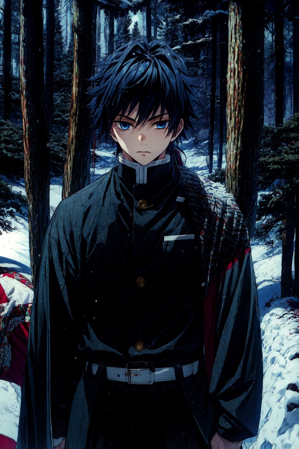 tomioka giyuu, demon slayer, 1boy, solo, upper body, winter, snow, forest, tree, nature, snowing, long hair, looking at viewer, blue eyes, black hair, long sleeves, standing, jacket, male focus, outdoors, japanese clothes, belt, black jacket, black pants, haori, white belt, demon slayer uniform