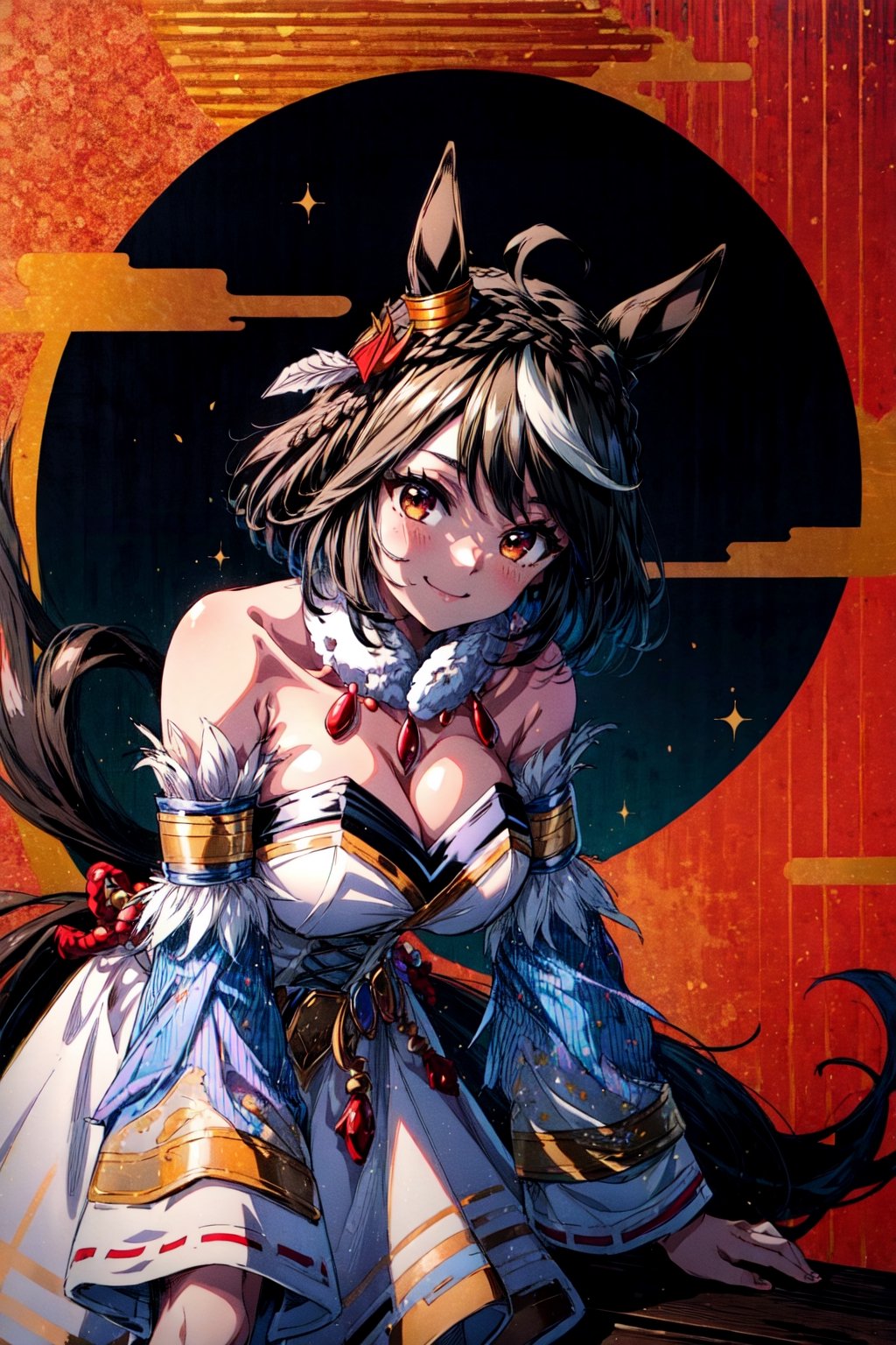 masterpiece, best quality, highres, smile, patterned background, looking at viewer, (large breasts:0.8), cckitasan, animal ears, short hair, streaked hair, braid, ear ornament, horse tail, white dress, detached sleeves, , (closed mouth:0.6), from below, (leaning forward:1.2),