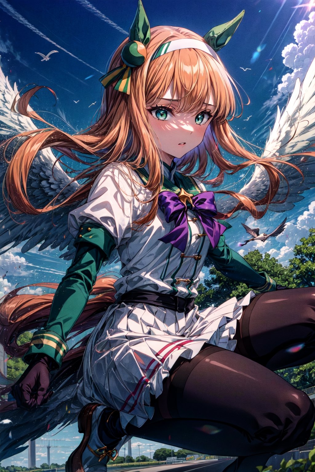 masterpiece,realistic, ,1girl,silence suzuka (umamusume),silence suzuka(Racing),horse girl,horse ears,horse tail,orange hair,green eyes,long hair,hairband,black gloves,black bowtie,layered sleeves,purple pantyhose,asymmetrical footwear,solo,angel wings, ((flying)), blue sky, too many birds, ((white wings)),aasuzuka