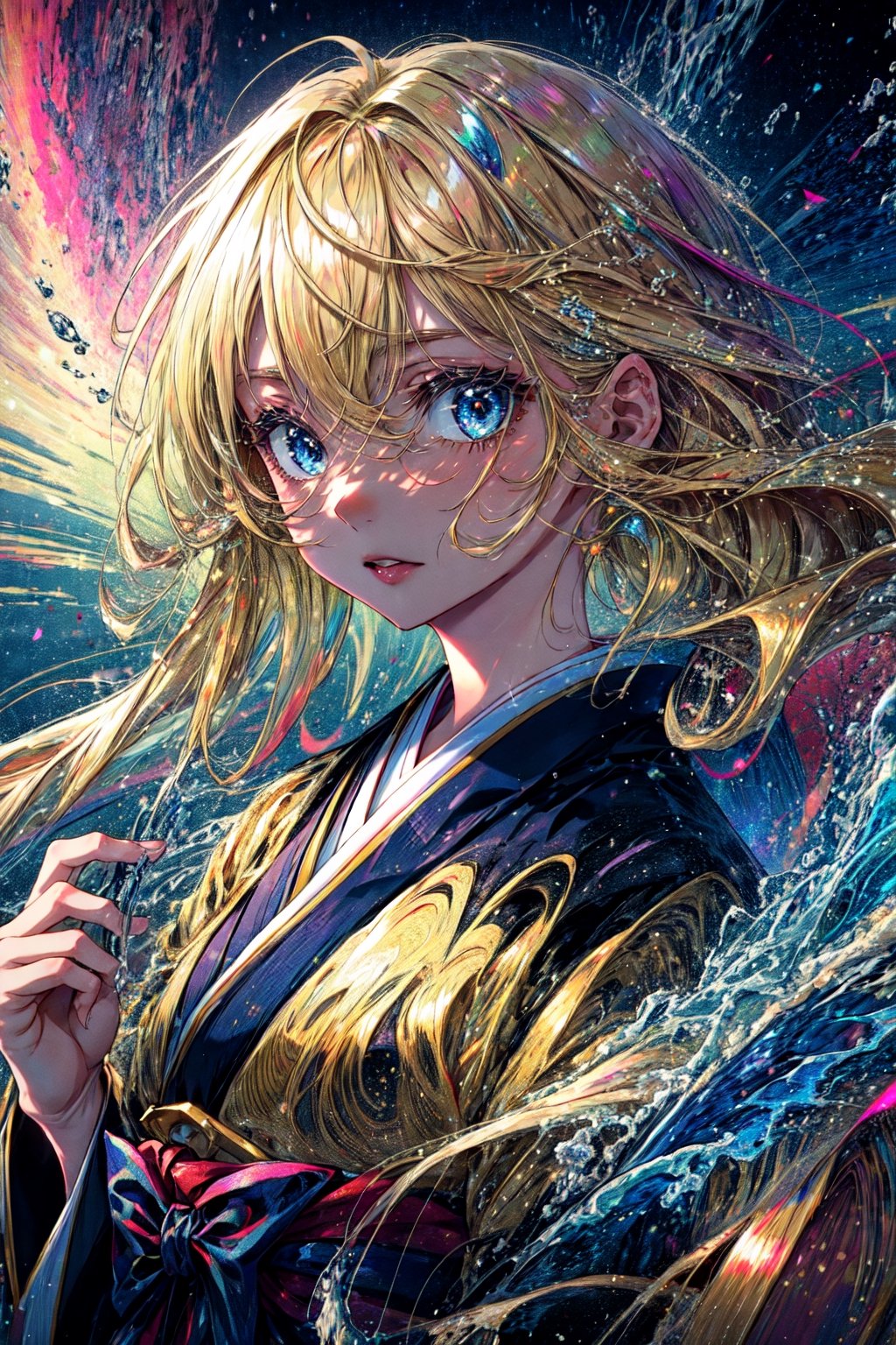 masterpiece, best quality, highres, 1girl very long hair blonde hair curly hair  kimono