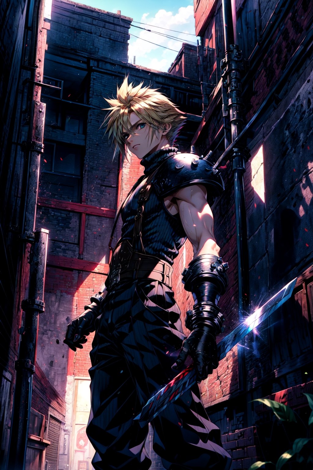 ((masterpiece,best quality)),,cloud strife,shoulder armor,sleeveless turtleneck,suspenders,belt,gloves,bracer,baggy pants,tavern,looking at viewer,(looking cool),final fantasy vii remake,detailed background,perfect lighting,stone,metal buildings,sands,weapon great sword, 