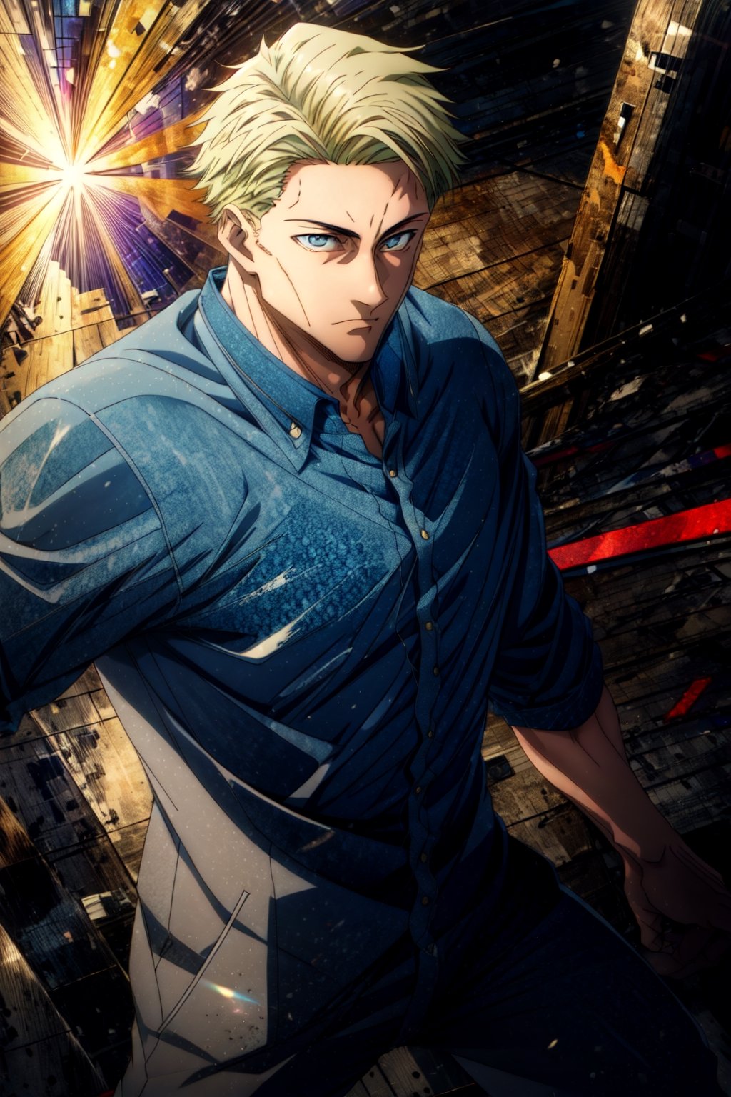 masterpiece, hyper detailed, highres, good anatomy, solo, nanami, blue shirt, suit, action pose, pants, square jaw, muscular male, (middle-aged man:1.3), looking at viewer, 1boy,