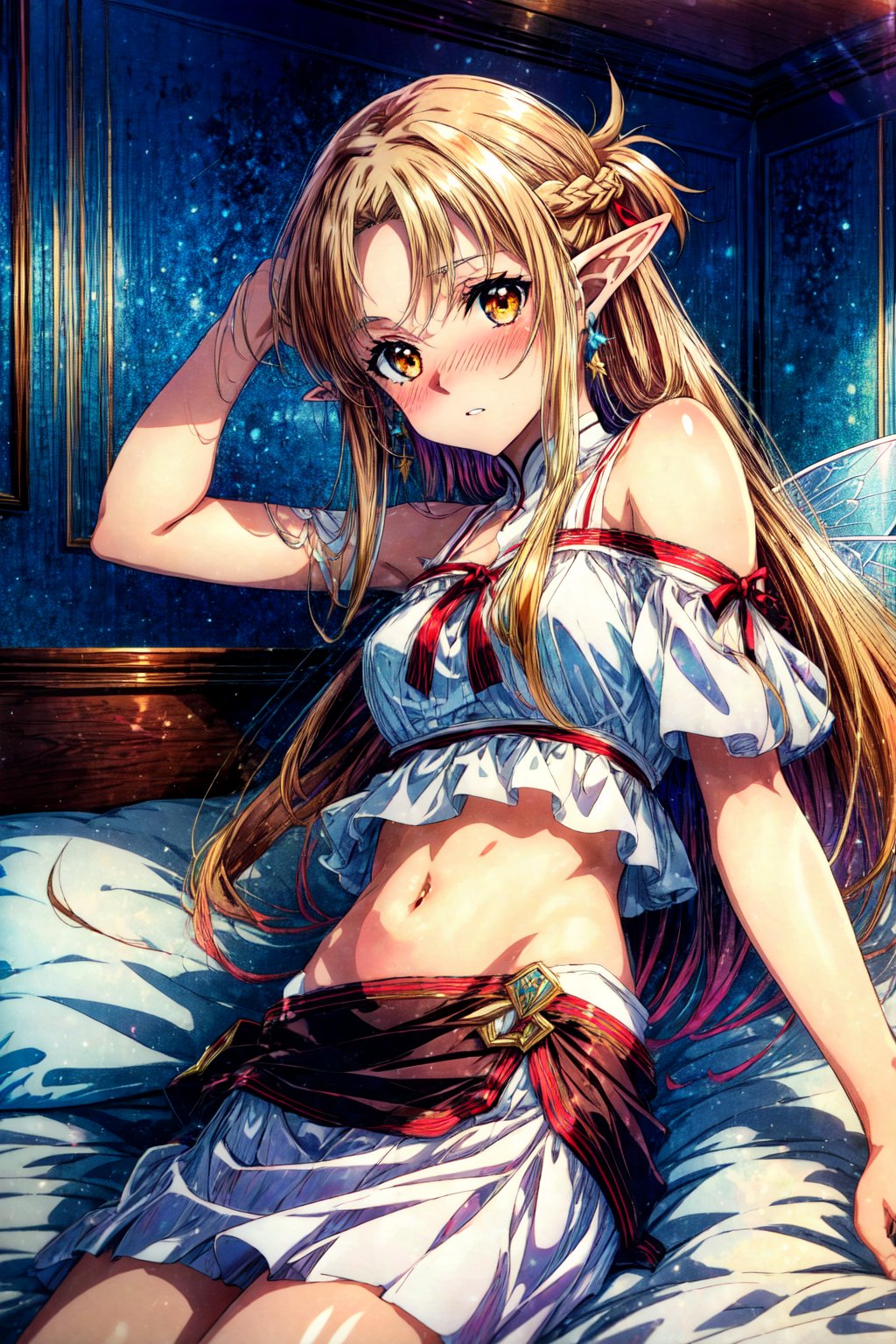 core_9, score_8_up, score_7_up, source_anime, asunayuuki, , asuna yuuki, long hair, brown hair, brown eyes, very long hair, braid, pointy ears, elf, ear covers, navel, bare shoulders, midriff, dress, white dress, ribbon, red ribbon, fairy, fairy wings, indoors, bed, bed room, on side, blush, drunk, cowboy shot, looking at viewer, solo, dutch angle,