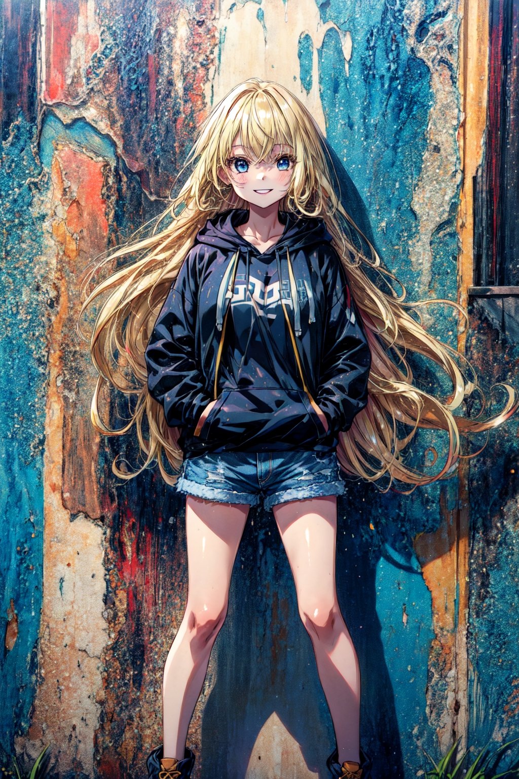 masterpiece, best quality, highres, 1girl very long hair blonde hair curly hair  black hoodie, denim shorts, smile, hands in pockets