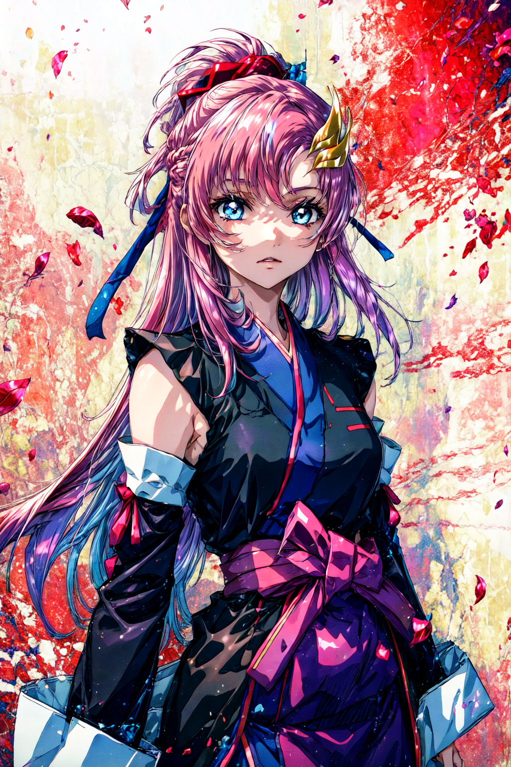 masterpiece, best quality,lacus-bk, 1girl, solo, long hair, pink hair, very long hair, blue eyes, hair ornament, japanese clothes, detached sleeves