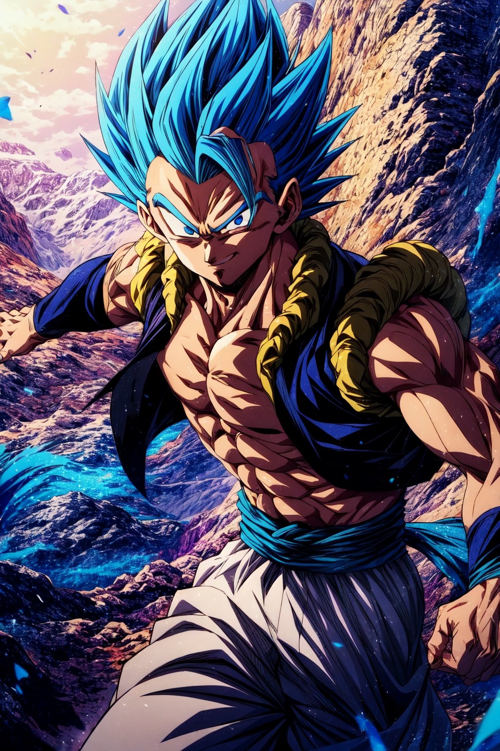 (masterpiece, best quality:1.2), , cowboy shot, solo, male focus, 1boy, gogeta, muscular male, smirk, looking at viewer, blue hair, blue eyes, vest, blue sash, white pants, wristband, tail, pectorals