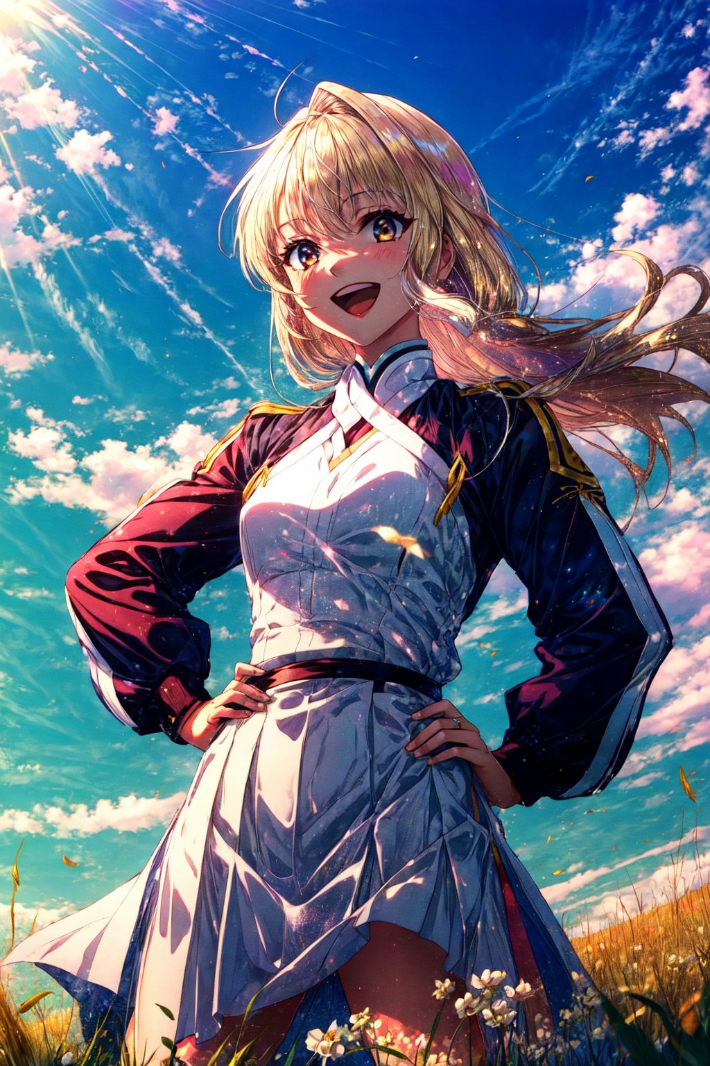 masterpiece,best quality,1girl,SaberInstall,Saber Lily Outfit,very long hair,smile,open mouth,hands on hips,grass,plain,sunlight,wind,cowboy shot,from below,