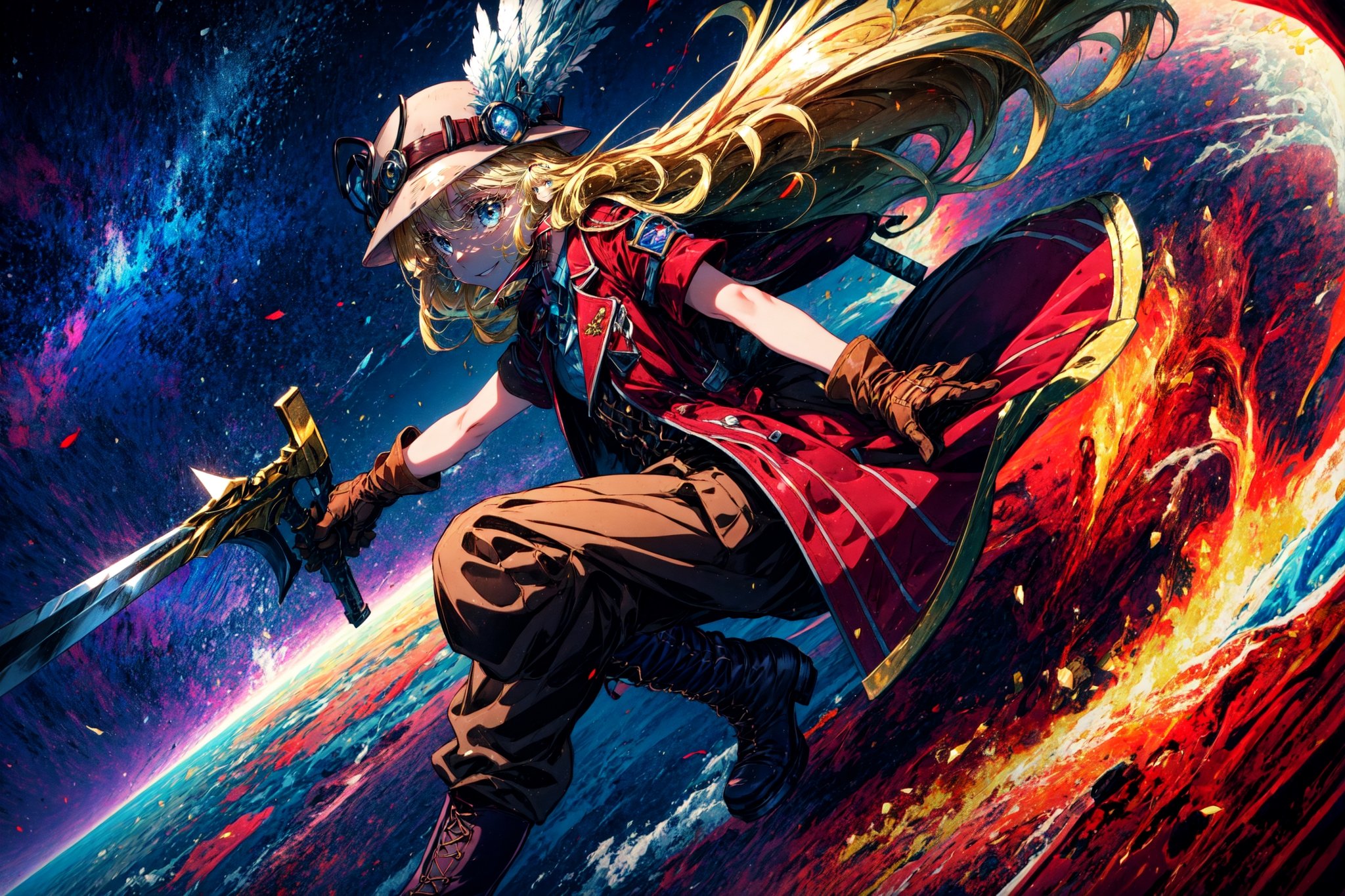 masterpiece, best quality, highres, 1girl very long hair blonde hair curly hair, red jacket helmet whistle short sleeves brown gloves red pants hat feather boots  from side, looking at viewer, smile, floating hair, holding pickaxe