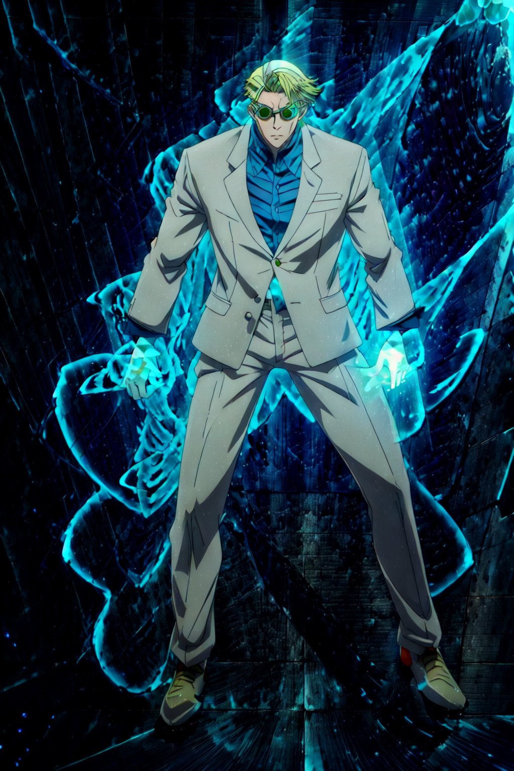 masterpiece,highres,high quality,extremely detailed,solo, , goggles,tinted eyewear, KentoNanami,1man, serious,jacket,formal,suit,collared shirt,blue shirt, full body,fighting_stance,(aura:1.5),aura_power,Ki Charge,CLOUD