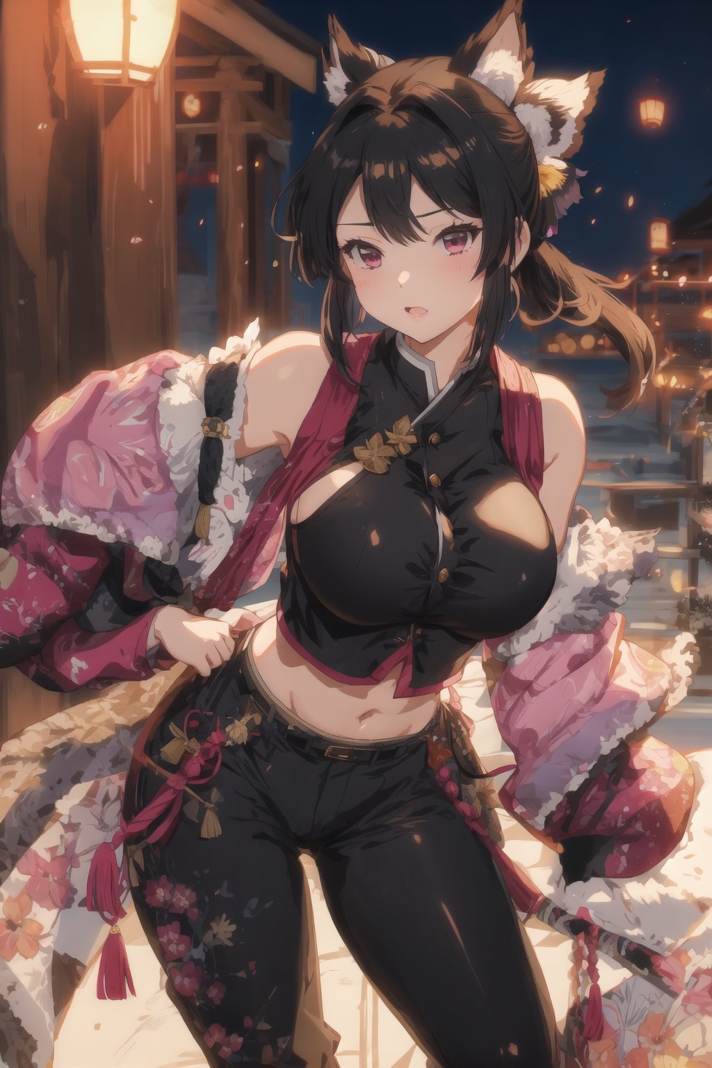 Realistic, Busty Beautifull girl, medium hair, bangs and ponytails, big boobs, half body image ,kochou shinobu , night , ready to fight pose,midjourney