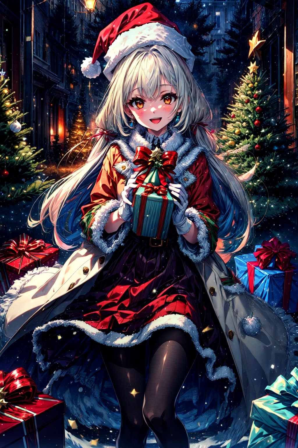 masterpiece,best quality,highres,cinematic lighting,dramatic angle,1girl,light blue hair,orange eyes,MiyakoChristmas,happy,,white and red dress,thick coat,fur trim,ribbons,bowtie,hat,pantyhose,gloves,holding gift box,christmas streetscape,christmas trees,stars,presenting gift box to viewer,:d,