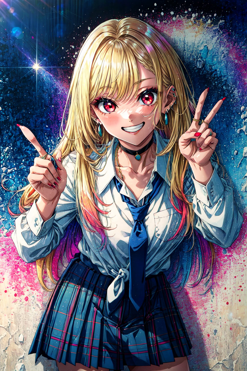 masterpiece, best quality, highres, kitagawa marin, 1girl, blonde hair, long hair, multicolored hair, red eyes, jewelry, earrings, piercing, school uniform, white shirt, tied shirt, black choker, blue necktie, plaid skirt, , leaning forward, grin, peace sign