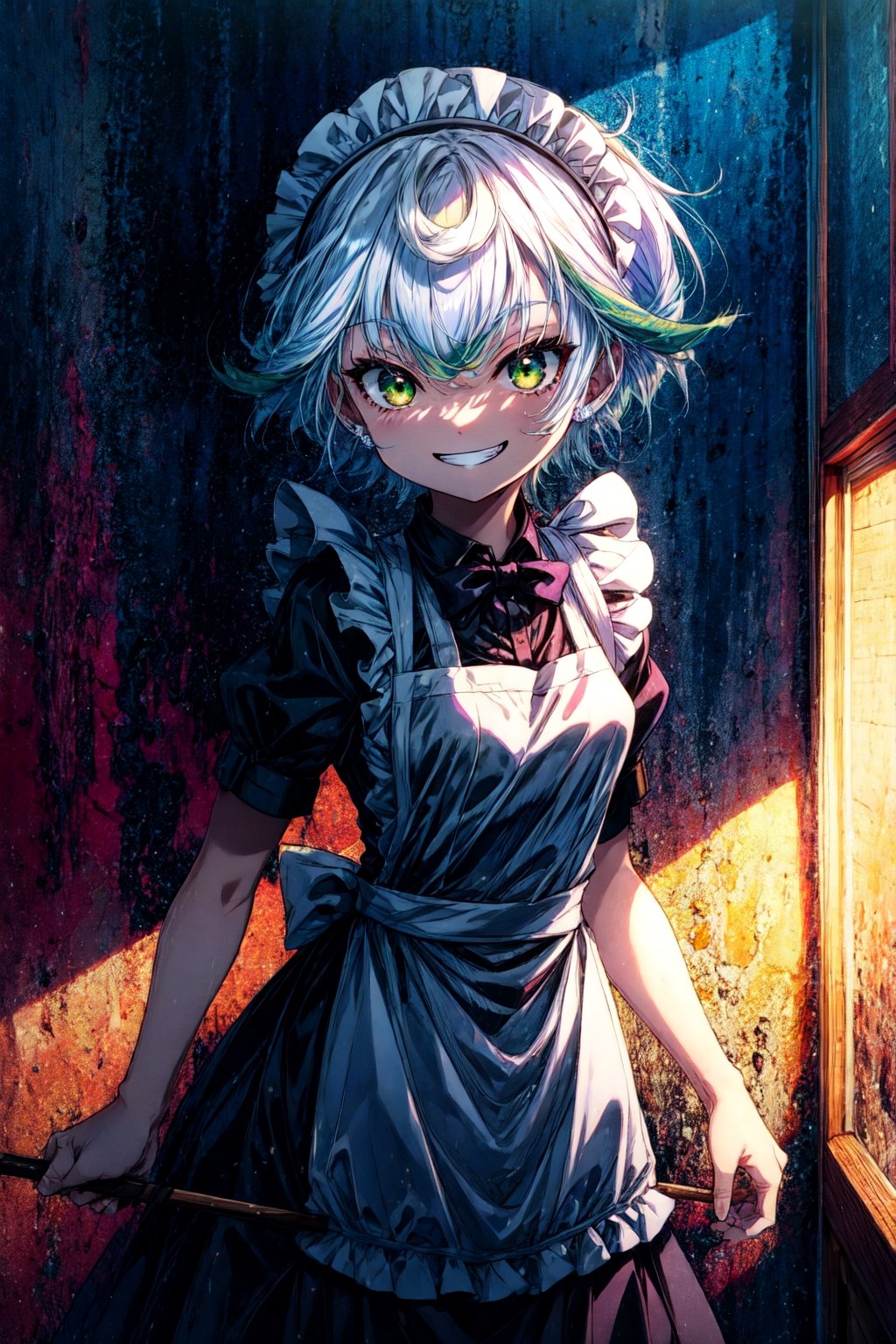 (by kame 3:0.7), (by hideki kaneda, by dimwitdog:0.4), indoors, cabin, standing prushka \(made in abyss\), human female, white hair, green eyes, small breasts, black dress, apron, maid outfit, maid headdress, looking at viewer, grin