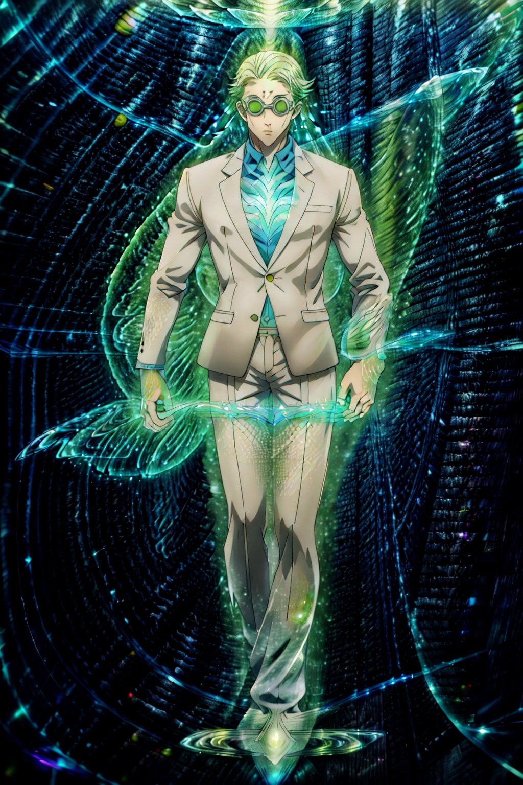 masterpiece,highres,high quality,extremely detailed,solo, , goggles,tinted eyewear, KentoNanami,1man, serious,jacket,formal,suit,collared shirt,blue shirt, full body,fighting_stance,(aura:1.5),aura_power,Ki Charge