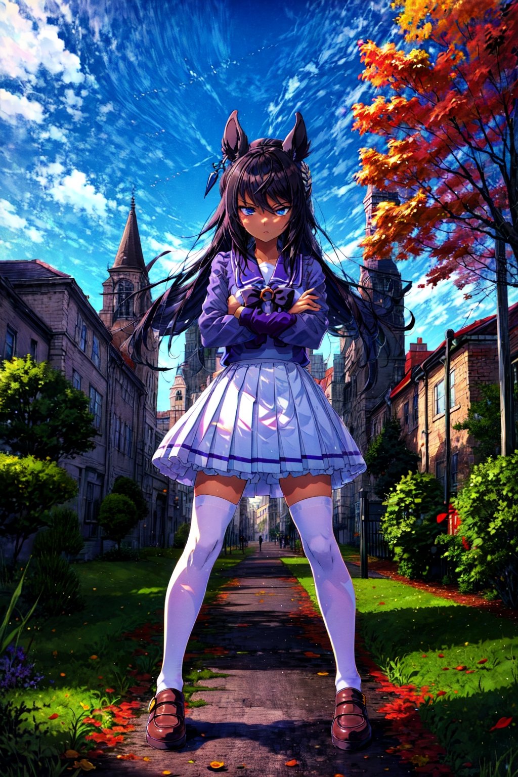 masterpiece, best quality, symboli kris s \(umamusume\), outdoor, autumn, full body, crossed arms, looking away, tracen school uniform, winter uniform, puffy long sleeves, sailor collar, purple shirt, white bowtie, horseshoe ornament, purple skirt, pleated skirt, purple thighhighs, brown footwear, loafers,