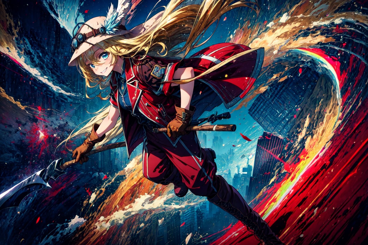 masterpiece, best quality, highres, 1girl very long hair blonde hair curly hair, red jacket helmet whistle short sleeves brown gloves red pants hat feather boots  from side, looking at viewer, smile, floating hair, holding pickaxe