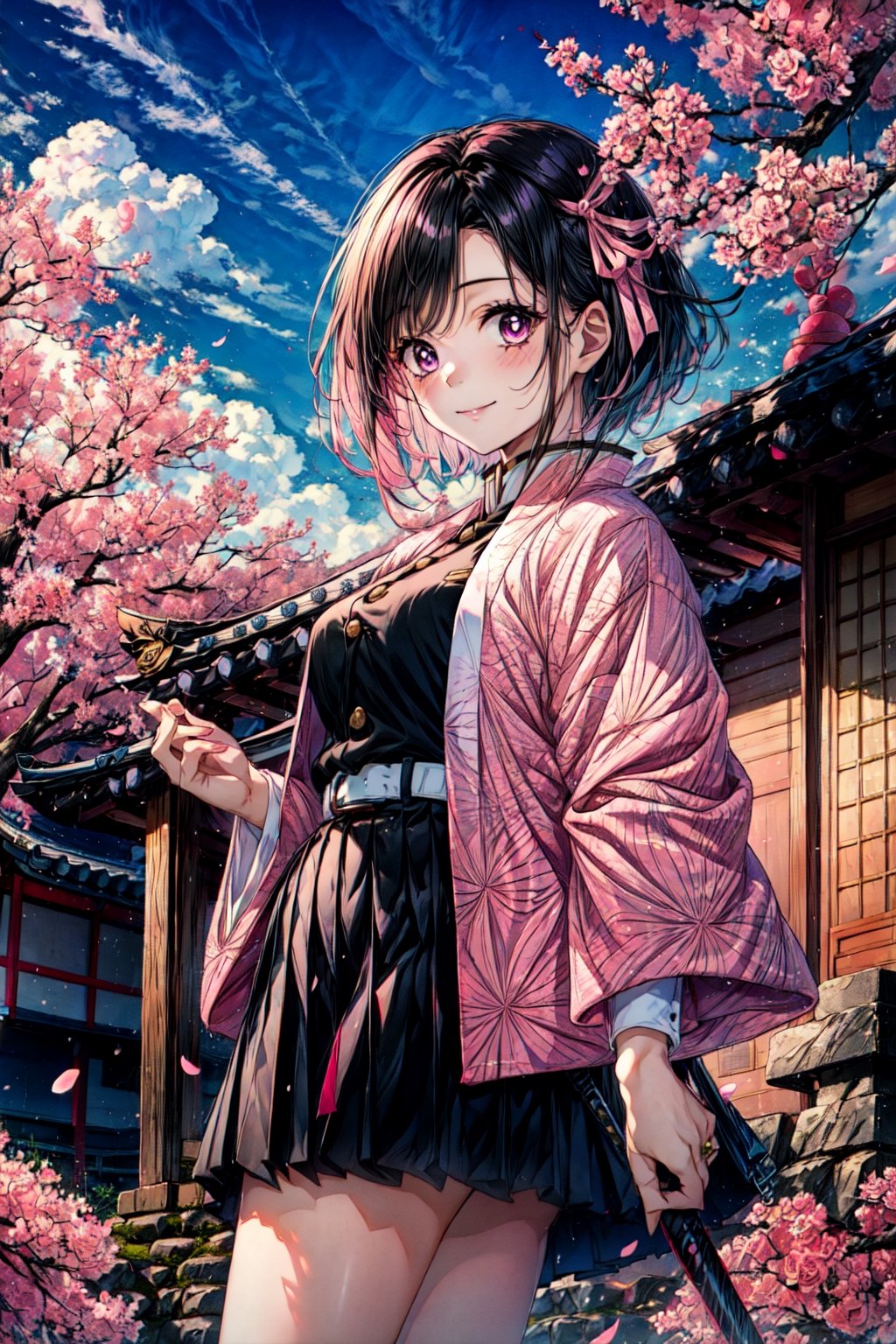 nezukorps, 1girl, solo, cowboy shot, black hair, purple eyes, white pupils, short hair, white belt, sheath, demon slayer uniform, pink haori, black jacket, black pleated skirt, miniskirt, asa no ha \(pattern\), pink hair ribbon, slight smile, looking at viewer, japanese arquitecture, town in the background, sky, pink petals, (best quality, masterpiece),