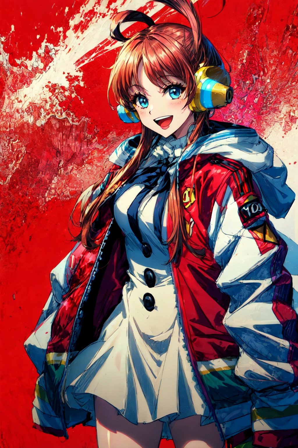 utaonepiece, 1girl, solo, red background, dress, sleeves past wrists, white dress, smile, headphones, jacket, open mouth, looking at viewer, sleeves past fingers, long sleeves, :d, open clothes, open jacket, red jacket, blue theme