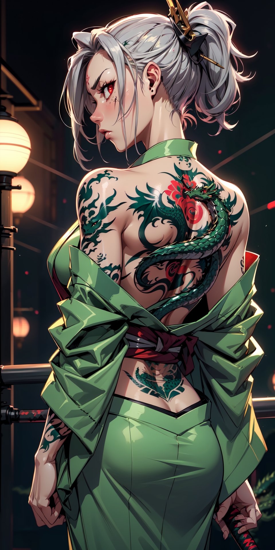  1 girl , samurai,  (((tattoo of a green dragon))), (((dragon tatoo))), back tattoo, cute girl, proper pretty red eyes, angry face looking at camera , Ponytail, (((gray hair))) , blood stains ,  cyborg arm, (((backless))), upper body , (((green kimono))), arms holding katana , Sci-fi, ultra high res, futuristic , {(solo)}, upper body , {(complex background , outdoors space background, Mecha Transport parts)}, Science Fiction,tattoo,