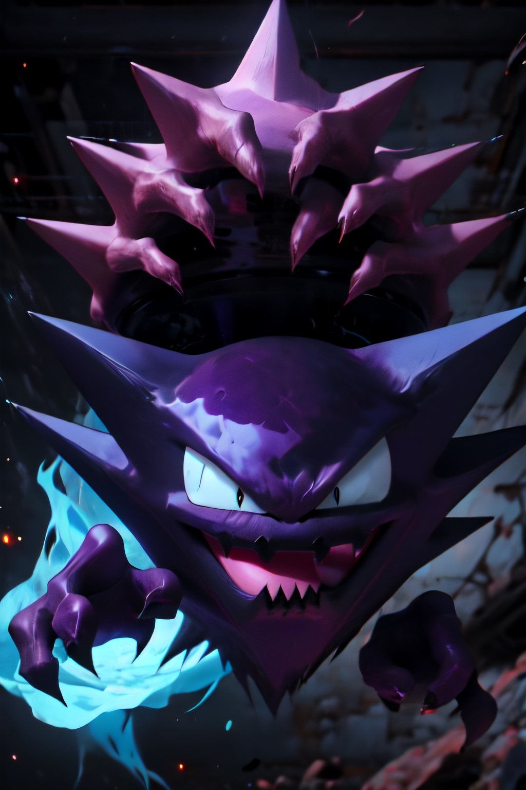 centered, award winning photo,  (looking at viewer:1.2), | evil grin, Haunter_Pokemon, floating, no humans, pokemon \(creature\), (dark art:1.1), (dark theme:1.2),  angry, glowing, (aura:1.2), purple energy, ghost, floating,  no humans, pokemon \(creature\),  |  bokeh, depth of field, cinematic composition, | ,perfecteyes, red eyes, detailed eyes,r1ge, Haunter_Pokemon