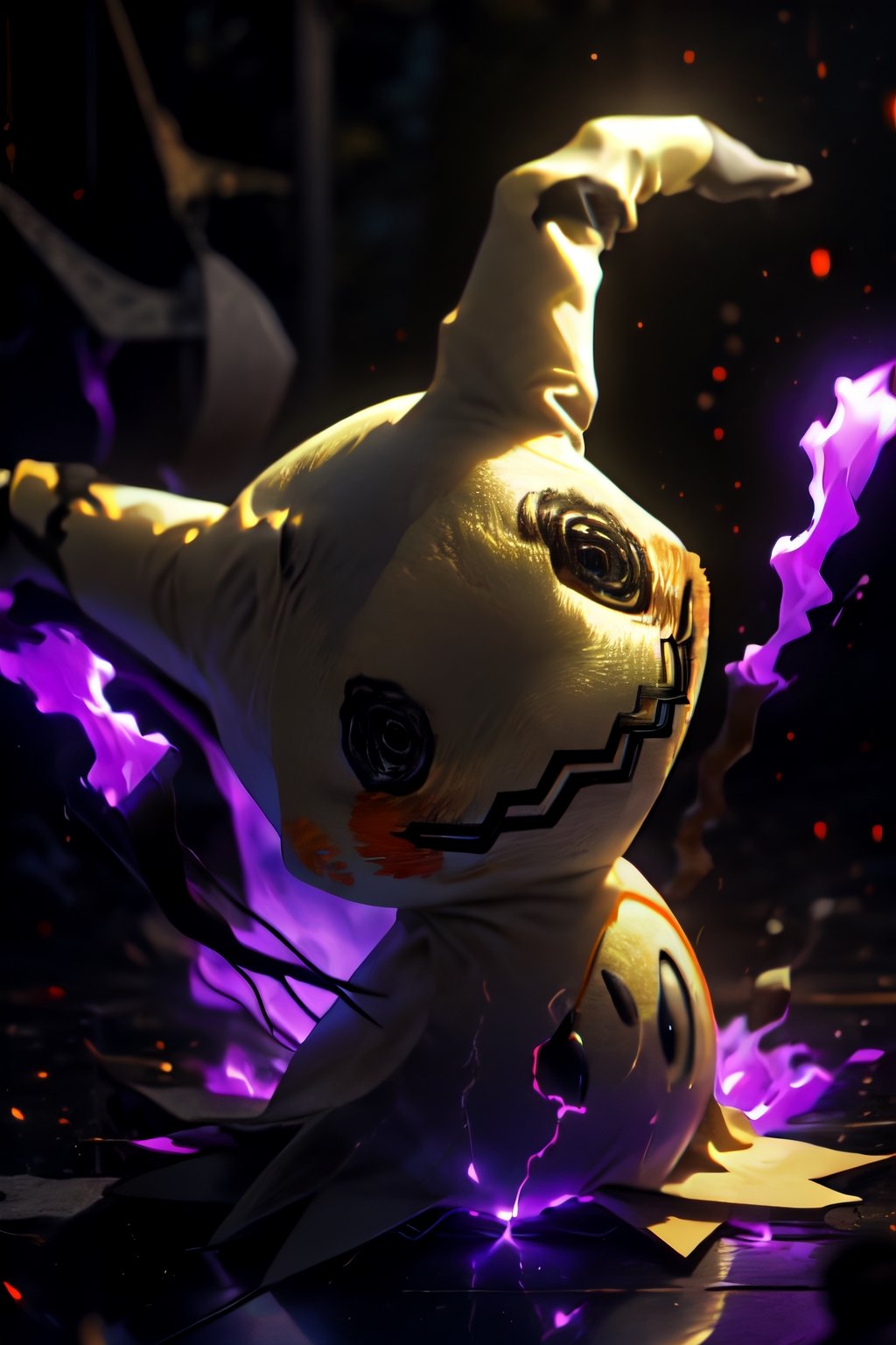 centered, award winning photo,  (looking at viewer:1.2), | evil grin, Mimikyu_Pokemon, floating, no humans, pokemon \(creature\), (dark art:1.1), (dark theme:1.2),  angry, glowing, (aura:1.2), purple energy, ghost, floating,  no humans, pokemon \(creature\),  |  bokeh, depth of field, cinematic composition, | ,perfecteyes, red eyes, detailed eyes,r1ge, Mimikyu_Pokemon