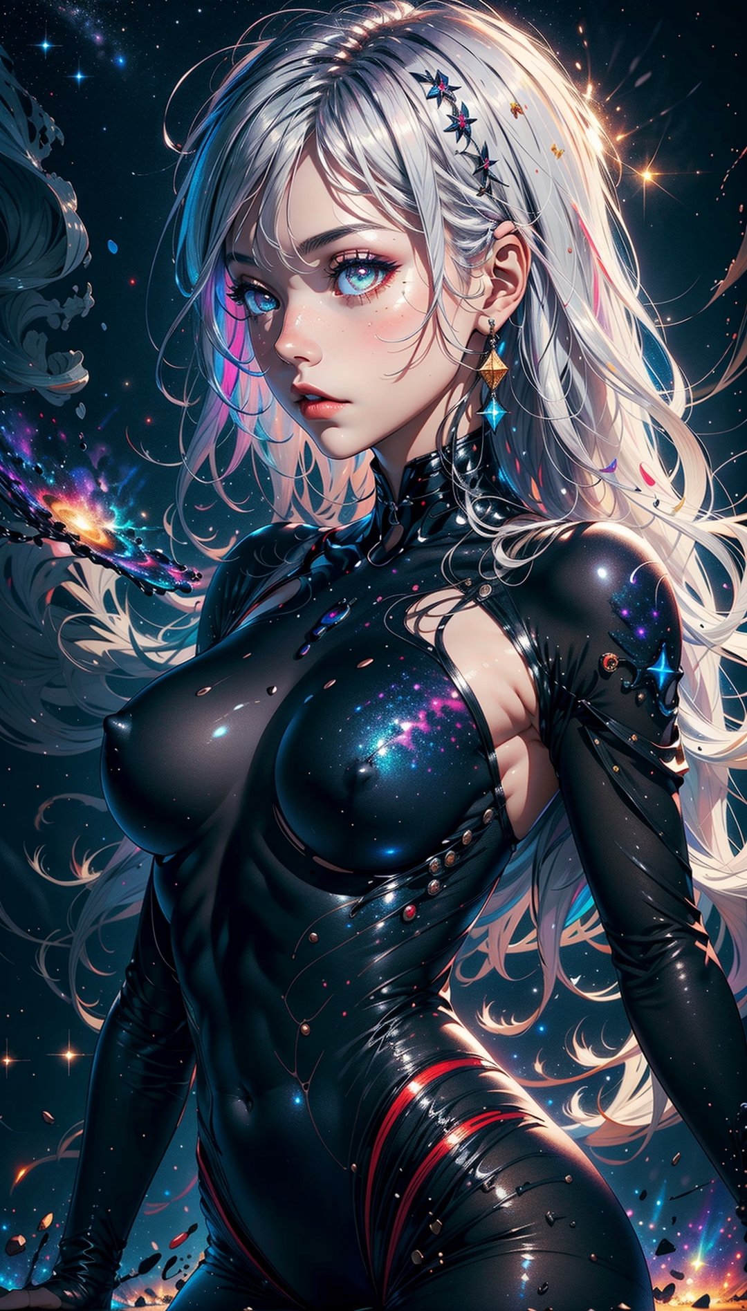 1 girl, detailer: 1.4, (((silver hair, long hair, colorful eyes))), canvas of stars, skin with the color of dark nebulae, dark nebulae, lying on a galaxy, lying on the dark bright liquid galaxy, stars, many stars, huge breasts, long hair with the color of nebulae and stars in hair, tall, good anatomy, beautiful details, cute, sparks, liquid nebulae, perfect body, perfect figure, beautiful body, lightly covered with a canvas from liquid dark nebulae, liquid on body, skin tight, beautiful details, （（（tmasterpiece）,（Very detailed CG unity 8K wallpaper）,best qualtiy,cinmatic lighting,detailed back ground,beatiful detailed eyes,,（Very fine and beautiful）,（Beautiful and detailed eye description）,ultra - detailed,tmasterpiece,））, ((upper body)), (((front view))), wearing: princess dress,
,chinese,High detailed 