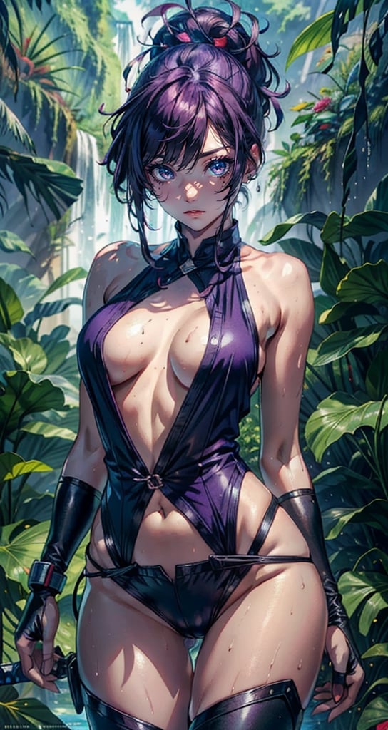 1female,21yo, Slim,熟妇,  Thin waist,slender legs, Pornographic exposure, solo, yuzuriha_(jigokuraku), purple hair, brown eyes, ninja, open clothes, cleavage, small breasts, topknot, medium hair, breasts apart, seductive smile, pants, undressing, (blush:1.1), arm guards, gloves, tabi, looking at viewer,（Background with：ln the forest,the rainforest,in summer,standing on your feet,Sweat profusely,drenched all over the body,seen from the front, hair straight, mostly cloudy sky,（（（tmasterpiece）,（Very detailed CG unity 8K wallpaper）,best qualtiy,cinmatic lighting,detailed back ground,beatiful detailed eyes,Bright pupils,（Very fine and beautiful）,（Beautiful and detailed eye description）,ultra - detailed,tmasterpiece,））,facing at camera,A high resolution,ultra - detailed）,revealing breasts, Bulge,legs are open,Raised sexy,Flushed complexion,Open-mouthed, frontage, 