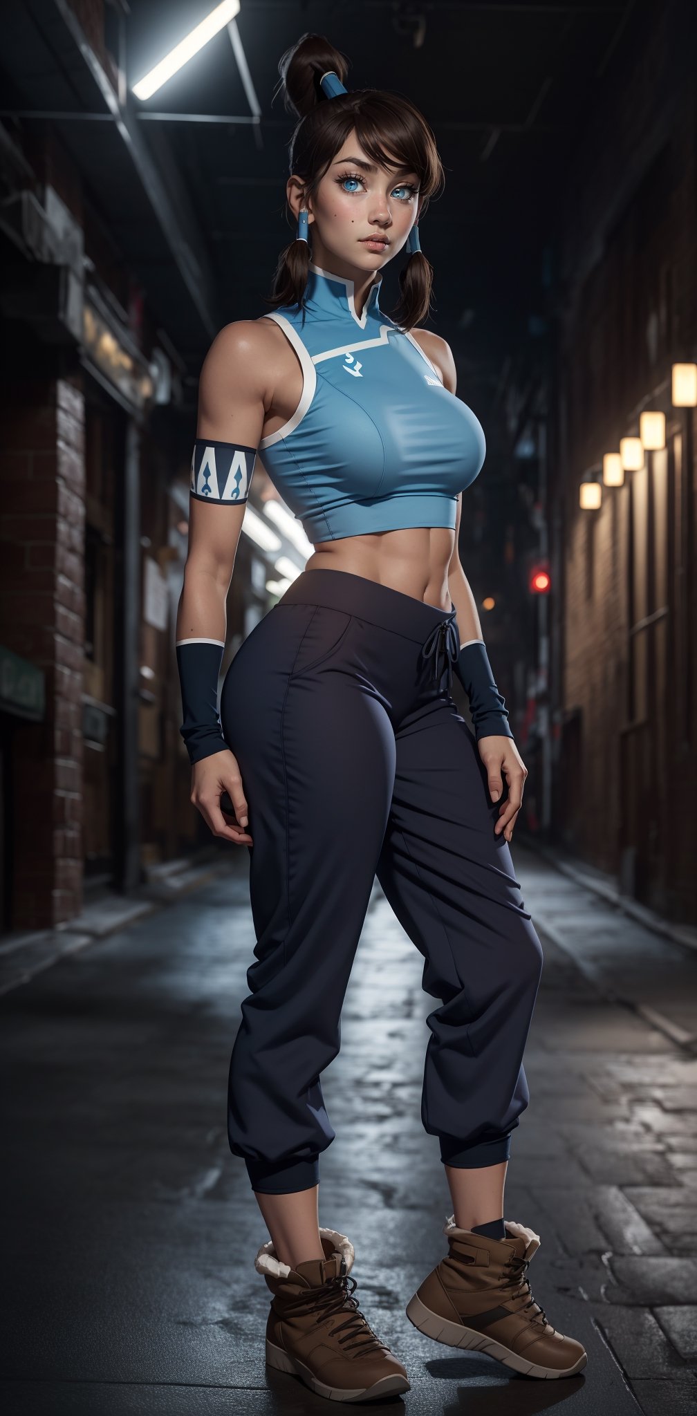 (Genie pants), (harem pants), (fur belt), (korra), (dark skin), (dark-skinned female), (ponytail), (hair tubes), (sleeveless), (brown hair), (blue eyes), (bare shoulders), (Gigantic breasts), (gigantic cleavage), (brown pants), (baggy pants), (muscular woman), (ponytail), (gigantic breasts), (huge breasts), high detail, long legs, (Gigantic breasts), (Massive breasts), (muscular woman:1.2), huge breasts, high detail, long legs, (athletic woman), (very tiny waist:1.4), Beautiful detailed face, best quality, (layered hair), tiny waist, firm lips, full lips, thin waist, Big breasts, sanpaku eyes, high resolution, high quality, (bangs), (exposed shoulders), korra,korra,the legend of korra